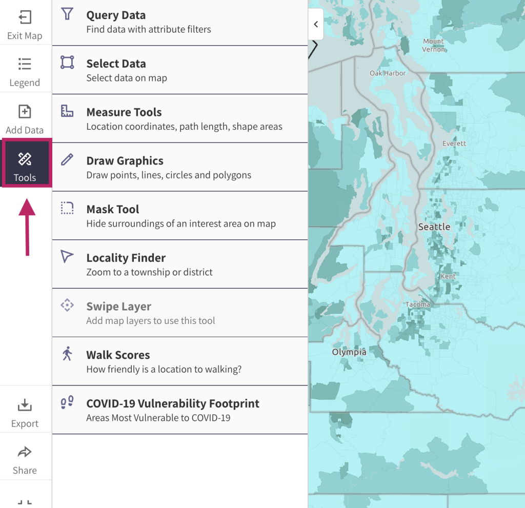 Step 5.1 of the map room. The picture shows a screenshot of the Tools menu. Users can activate the tools menu by clicking the "Tools" button in the left menu. Users can click on any of the available tools to use it or learn more. 