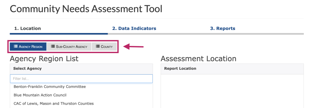 Step 1 of the assessment tool. The picture shows a screenshot of the location selection function. Users can select a geography in the top-level tabs first, then select a more specific geography from the list. This location will be used to create the report. 