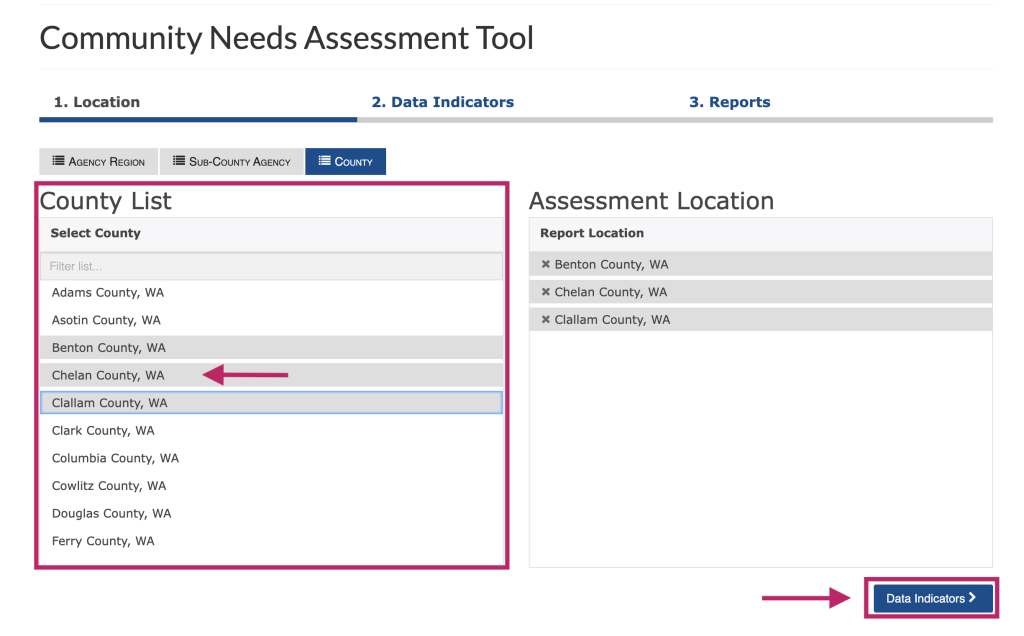 Step 2 of the assessment tool. The picture shows a screenshot of the location selection function. Users can select a more specific geography from the list after they select a top-level geography from the tabs. The screenshot shows to click the "Data Indicators" button at the bottom right of the screen to move to the next step. 