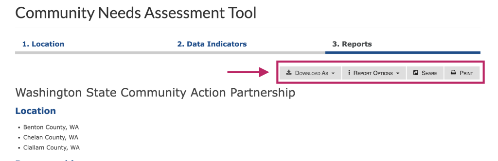 Step 5 of the assessment tool. The picture shows a screenshot of the report functions menu at the top right of the report screen. The first button allows users to download the report as a PDF, Word document, or Excel file. The second button allows users to turn Report Options on and off. The third button allows users to get a shortlink to share the report with others. The fourth button allows users to print the report. The fifth and final button allows users to save the report to the users profile. 