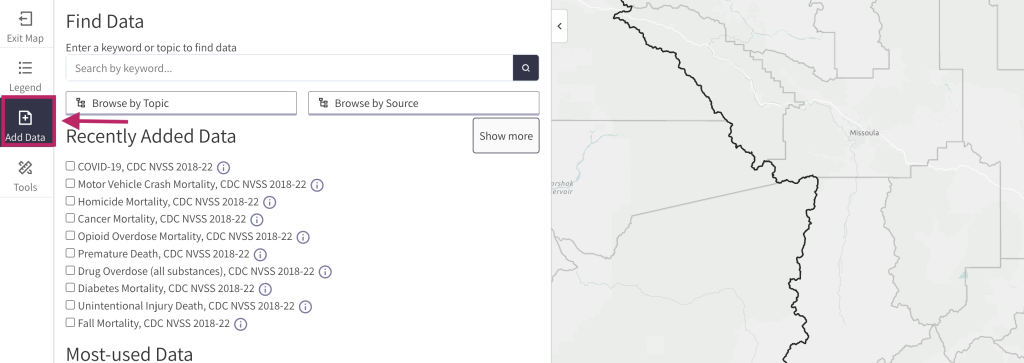 Step 1 of the map room. The picture shows a screenshot of the add data function. Users can click the Add Data button in the left menu to open the search data menu. 