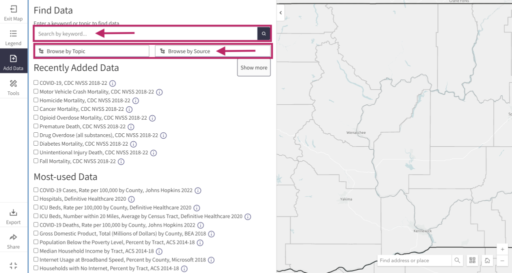 Step 1.1 of the map room. The picture shows a screenshot of the search data window. Users can use keywords to search for map layers or use the "Browse by Topic" and "Browse by Source" buttons to search by topic and source. 