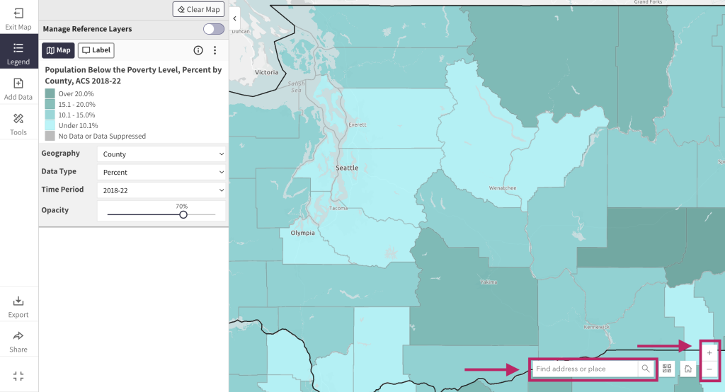 Step 3 of the map room. The picture shows a screenshot of the map room calling out the location search bar and plus and minus buttons at the bottom right of the map room. Users can type in a county, city, or address in the location search bar to zoom in. Users can also use the plus and minus buttons to zoom in and out. 