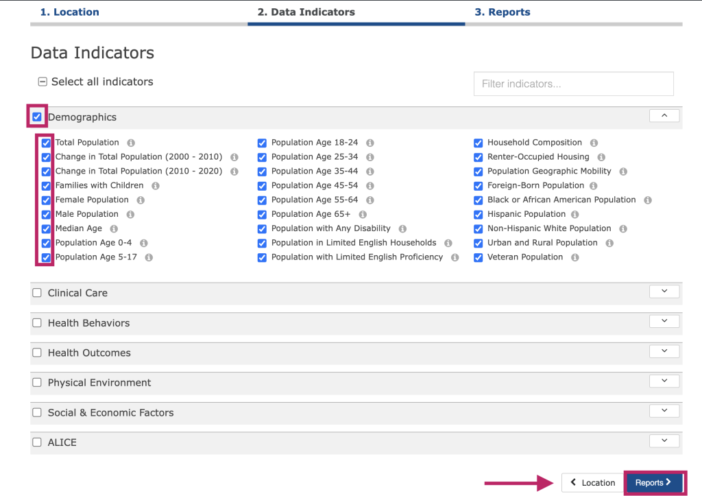 Step 3.2 of the assessment tool. The picture shows a screenshot of the data indicators selection function. Users can click the check box to the left of an indicator name to add it to the report. Users can click the check box to the left of the category name to add an entire category of indicators to the report. The screenshot shows to click the "Reports" button at the bottom right of the screen to move to the next step. 