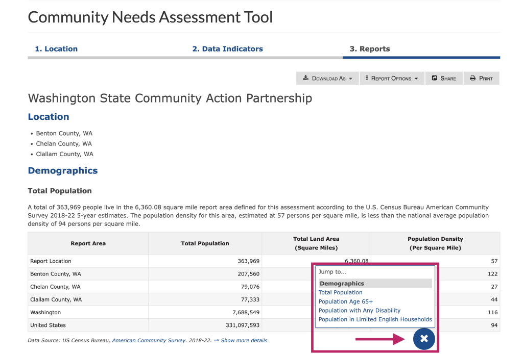 Step 4 of the assessment tool. The picture shows a screenshot of the report and the floating report menu. Users can jump between indicators by clicking an indicator name in the floating menu at the bottom right of the screen. Users can close the floating menu by clicking the round button with the "X" located at the bottom right of the screen. 