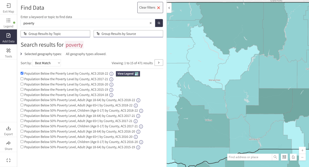 Step 2 of the map room. The picture shows a screenshot of the search data window. Users can click the check box to the left of a layer name to add it to the map. Users can click the "View Legend" button to view the map legend and exit the search data window. 