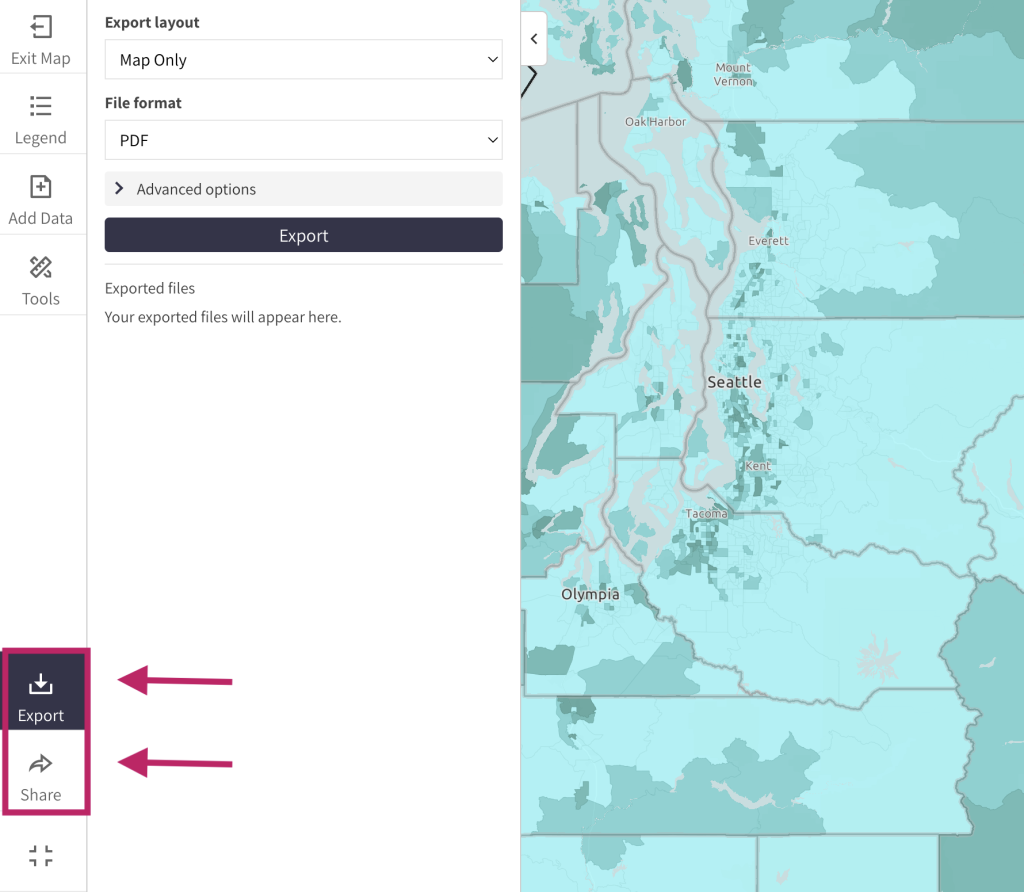 Step 6 of the map room. The picture shows a screenshot of the Export menu. Users can export and share maps by clicking the "Export" and "Share" buttons at the bottom of the left menu. Users can export maps in a variety of sizes and formats. Users can share maps via a shortlink or on social media using the "Share" button. 