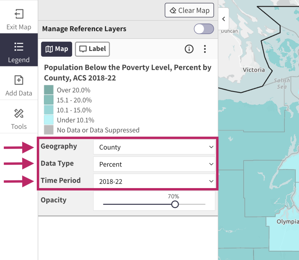 Step 4.1 of the map room. The picture shows an expanded view of the legend in the map room. The drop down menus below to the legend can be used to change the geographic extent of the data on the map, to change the data type from percent to total, or to change time periods (where available). 